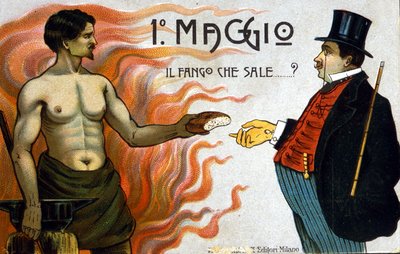 Allegory of class struggles: May 1: mud rises, a worker offers bread to a bourgeois. 1898 by Unknown artist