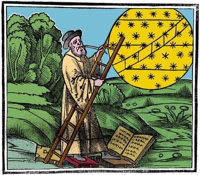 An astronomer putting a ladder to climb into the sky. by Unknown artist