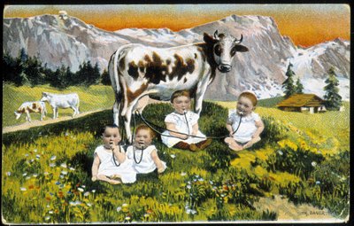 Babies stubborn a cow by pipes - Postcard, late 19th century by Unknown artist