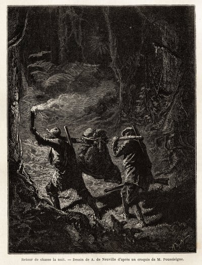Back from hunting at night, the prey, a bear, is tied up and suspended from a branch that the hunters carry on the shoulder. Engraving to illustrate the story Quatre mois en Florida, by M. Pousselgue, in 1851-1852, published in le tour du monde, under the  by Unknown artist