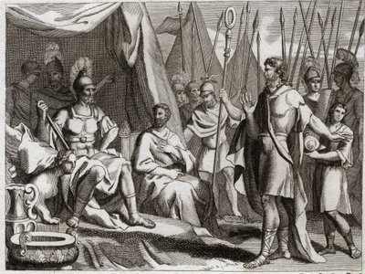 Bible of Royaumont, Old Testament: Holoferne. General of the Arm of Nebuchadnezzar II, Holoferne approaches Judea. Ahior, King of the Ammonites, who came to give back to him, lifts up before Holoferne the power of the God of the Jews. Illustration from 181 by Unknown artist