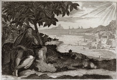 Bible of Royaumont, Old Testament: Ivy dried up. God shows by a sensitive example, to his Prophet Jonah, how much he loves men, and how much pain he suffers when he is forced to punish them. Illustration from 1811. by Unknown artist
