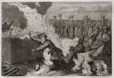Bible of Royaumont, Old Testament: Nadab and Abiu. Nadab (Nadav) and Abiu (Abihou), the sons of Aaron, who set a foreign fire in their incenses, to offer incense unto God, were burned in the Tabernacle itself. Illustration from 1811 by Unknown artist