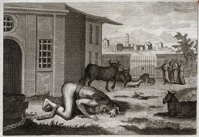 Bible of Royaumont, Old Testament: Nebuchadnezzar changes to beast. King Nebuchadnezzar II by just punishment for his pride is changed into beast. Illustration from 1811 by Unknown artist