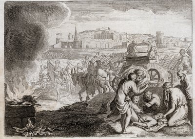 Bible of Royaumont, Old Testament: Uzzah struck by God. David wants to bring the Ark of the Covenant back home. Uzzah died, who put his hand there to stop it from falling. Illustration from 1811. by Unknown artist