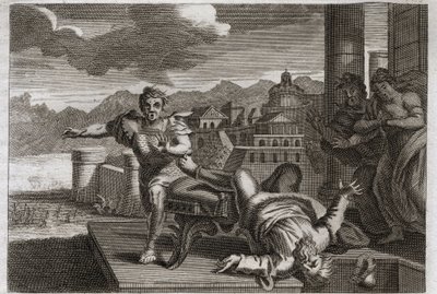 Bible of Royaumont, Old Testament: Punishment of Eli. God, in order to punish the great priest Eli for his negligence in taking over the orders of his children, allows him to fall from his seat and break his head by hearing the news of their death. Illustr by Unknown artist