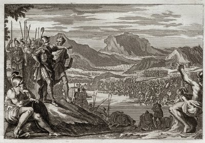 Bible of Royaumont, Old Testament: Soldiers of Gedeon. God commands Gedeon (Gideon) to lead all his troops to the Jordan River, and gives him a mark to discern those whom he was to use to fight against the Midianites. Illustration from 1811 by Unknown artist