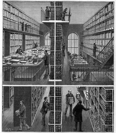 Bibliotheque Nationale in Paris: journal handling and filing room at the Bureau des Entrees. Engraving in 
