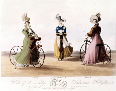 Bicycle for women from front, side and back. This is the model invented by Baron von Drais: the Draisienne. It was made of wood and there were no pedals yet (color lithography of 1819) by Unknown artist