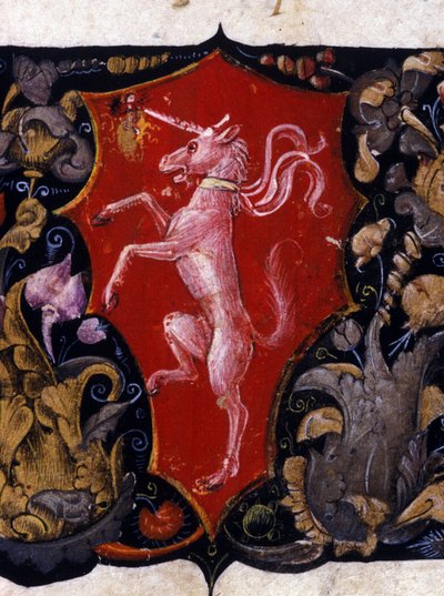 Blazon Decorating a Unicorn on a Red Background. Detail of a Miniature. 15th Century by Unknown artist