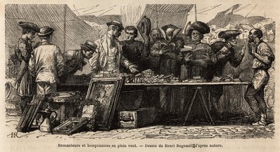Book Makers and Brocanteurs in the Wind, Near Montanara Square, Under a Tent Set Up, Amateurs and Clerics Compete for a Bric-a-Brac of Antiques. Engraving to Illustrate the Voyage to Rome, by Francis Wey, 186 by Unknown artist