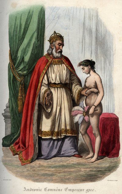 Byzantine Emperor Andronikos I Komnenos and His Wife Agnes of France Forced to Appear Naked for His Orgy. Engraving from 1842 in 