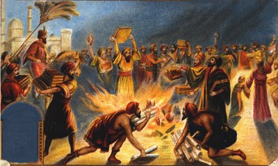 Caliph Omar I burns the library of Alexandria - Liebig advertising vignette. Chromolithograph of the 19th century by Unknown artist