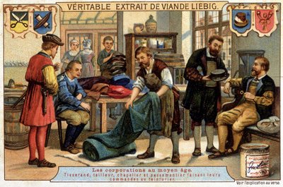 Careers in the Middle Ages: weaver, tailor, hatter and pastermaker ordering the dry cleaner by Unknown artist