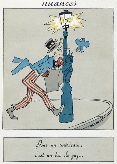 Cartoon showing the Statue of Liberty with a gas beak replacing the torch. by Unknown artist