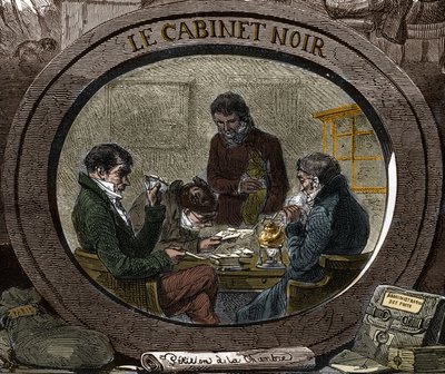 Censorship in the 19th century: Under the Old Regime, the service is called Black Cabinet, which is responsible for examining private correspondence for security reasons. Engraving of the 19th century. by Unknown artist