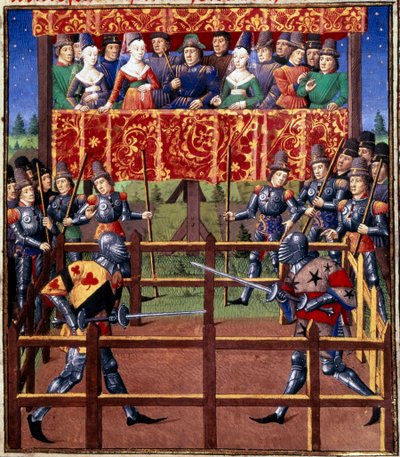 Ceremonies and ordinances as a pledge of battle: duel in closed field between two knights. Miniature from a manuscript by Jean de Rolin (15th century) 1460 Paris, B.N. by Unknown artist