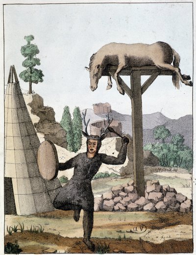 Chaman tonguse dancing in front of a burial (Siberia) - engraving, early 19th century by Unknown artist