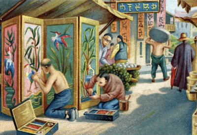 Chinese plumassiers working on the street: they make panels or screens using a needle and feathers. Chromolithography of the 19th century by Unknown artist