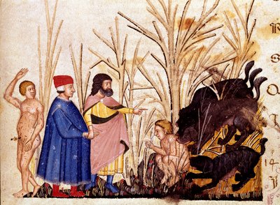 Circle of Violents: Dante and Virgil meet the violent towards others. Illuminated page illustrating a song of Hell from the 