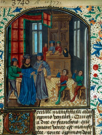 Coin minting in the Middle Ages. Miniature from a draft by Nicolas Oresme. 15th century B.N. Paris by Unknown artist