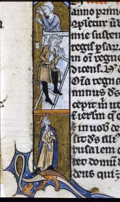 Construction of a monastery: workers and supervising king. Illumination of a manuscript from the middle of the 13th century. Biblioteca Trivulziana. by Unknown artist
