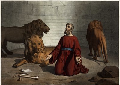 Daniel, thrown to lions by the king, is protected by an angel of the lord who calms the beasts. Anonymous engraving from the middle of the 19th century. by Unknown artist