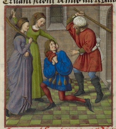 Detail of a miniature showing Honte, Peur and Danger attacking the Lover, from 