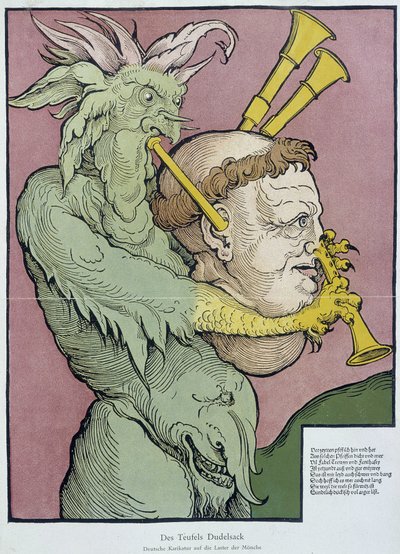 Devil playing bagpipe with a monk