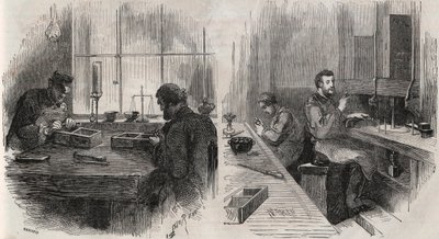 Diamond Cutting in a Workshop in the Netherlands: Splitters and Polishers (Engraving in Le Monde Illustré) by Unknown artist