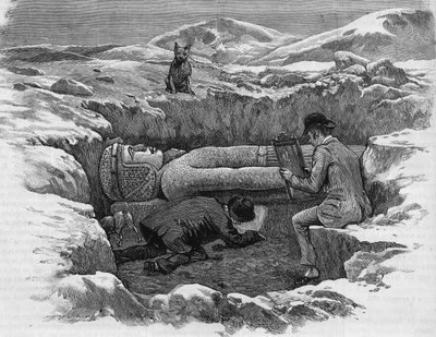 Discovered the colossal statue of Ramses II. Hieroglyphs are calculated using a mirror reflection. Engraving from 1886 by Unknown artist
