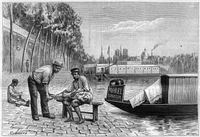 Dog cutting near the bridge of Solferino in Paris - engraving in 