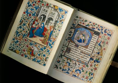 Double page of an open manuscript (book): the descent of the Holy Spirit. Miniature after the Breviary of Mary of Burgundy by Unknown artist