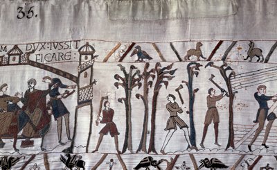 Duke Guillaume ordered the construction of ships, trees were cut down - Bayeux tapestry, known as Embroidery of Queen Mathilde by Unknown artist