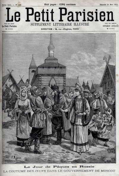 Easter Day in Russia: the custom of eggs in the Moscow government. Braces of the inhabitants offering red eggs to celebrate the resurrection of Christ. Engraving in 