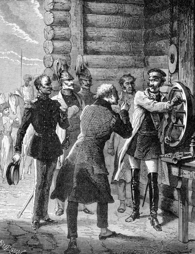 Emperor Nicholas I performed the first test of the telegraph line from St. Petersburg to Warsaw in 1838. Engraving 19th century by Unknown artist