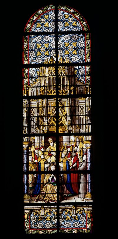 Eugene III, former monk of Clairvaux, climbs to the pontificate throne on 15 February 1145. Stained glass at the Cathedrale de Tournai: Transept left (2) by Unknown artist