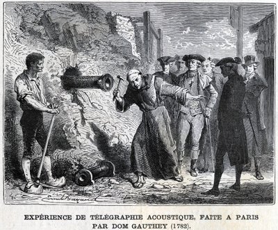 Experiment in acoustic telegraphy, made in Paris by Gauthey in 1782, engraving 19th century, Bianchetti collection by Unknown artist