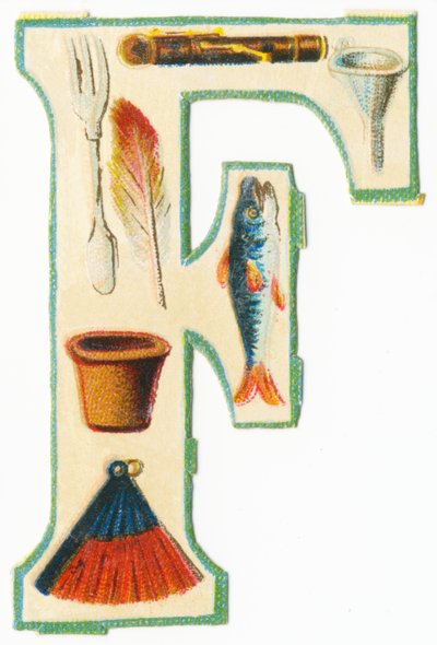 F: fork, flute, funnel, flower pot, feather, fish, fan by Unknown artist