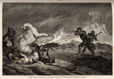 Fight with a polar bear protecting her baby, the pack of dogs assaults her and the hunters, rifle weapons, wait for the right time to shoot her. Engraving to illustrate the voyage to the free sea of the Arctic pole, by Doctor Hayes, surgeon of the United S by Unknown artist