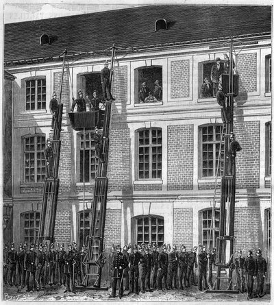 Firefighters aboard the new rescue lift for fire experiments in Rouen in the old Normal School. Engraving in 