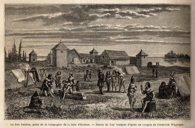 Fort Youkon, in the Gulf of Norton, Alaska, founded in 1847, an establishment of the Hudson Bay Company, Indians encamped around the palisades. Engraving to illustrate the voyage and adventures in English Colombia, Vancouver Island and Alaska, by Frederick by Unknown artist