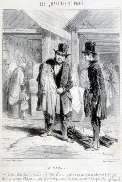 Fripier from the temple district in Paris trying to sell clothes to a man. Engraving of the 19th century by Unknown artist