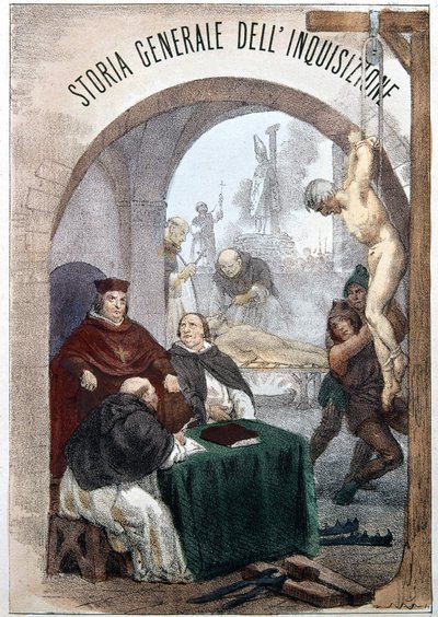 Frontispiece of The General History of the Inquisition by Pietro Tamburini with an illustration depicting scenes of symbolic inquisition. Milan 1850 by Unknown artist