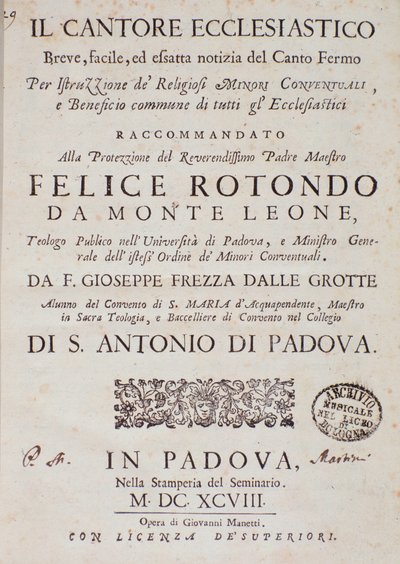 Frontispiece of Il Cantore Ecclesiastico by Unknown artist