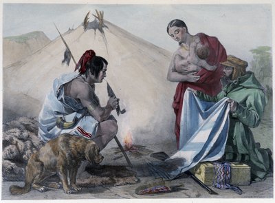 Fur Barter for Fabric between Canadian Huron Indians and White Man - in 