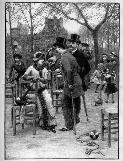 Gallant conversation between two men and a young woman, all very elegant, at the Tuileries Garden in Paris during the summer. Engraving in 