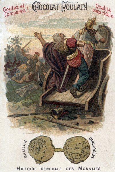 Gauls Aulerque: Battle of Lutetia between Camulogene and Labienus in 53 BC. In General History of Coins. Chromolithography of the end of the 19th century. Private collection. by Unknown artist
