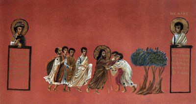 Gospel of St. Matthew - Miracle of Jesus healing the two blind of Jericho, Engraving 19th century after a Greek manuscript by Unknown artist