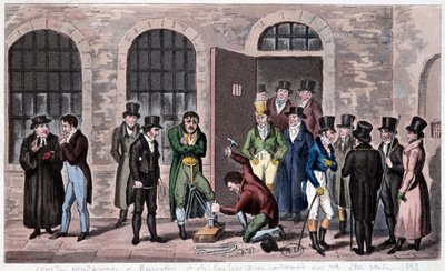 Great Britain Prison: A death sentence is attached to Newgate prison in London (often referred to in Charles Dickens novels). Engraving around 1823. Bibliotheque of Decorative Arts by Unknown artist